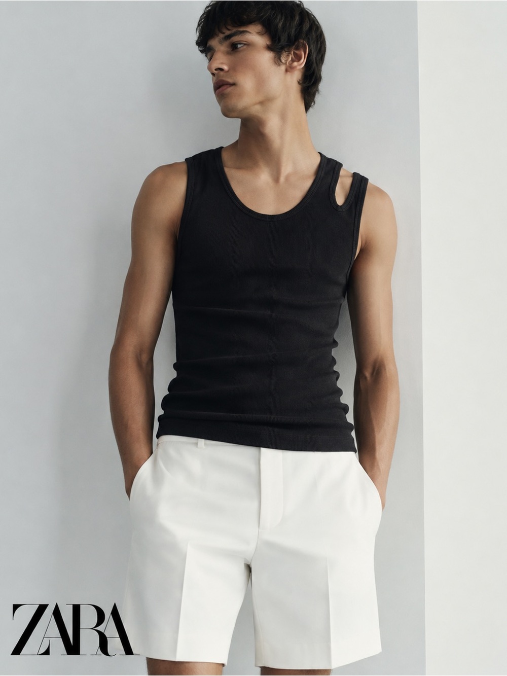 ZARA Black Men's Ribbed Tank Top with Shoulder Cutout Size Medium